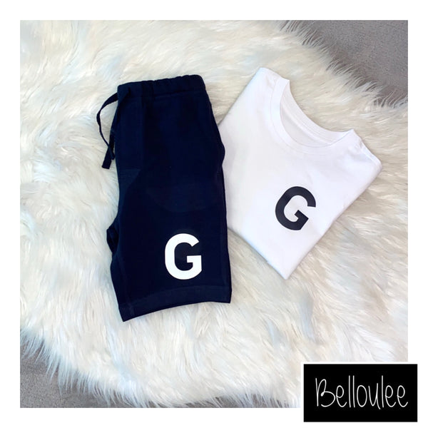 Navy and white letter shorts set
