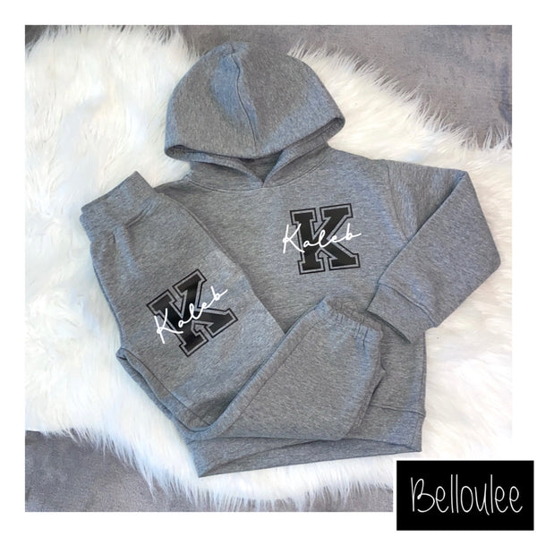 Grey hoodie tracksuit with black letter design