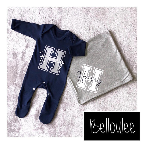 Navy and grey babygrow and blanket set