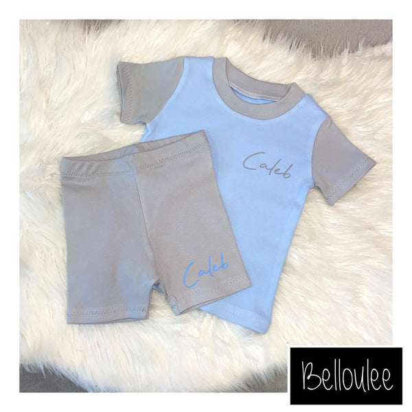 Grey and baby blue shorts set