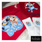 Christmas blue-y T-shirt, socks and stuff sack set