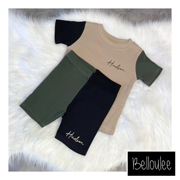 Khaki, stone and black shorts set